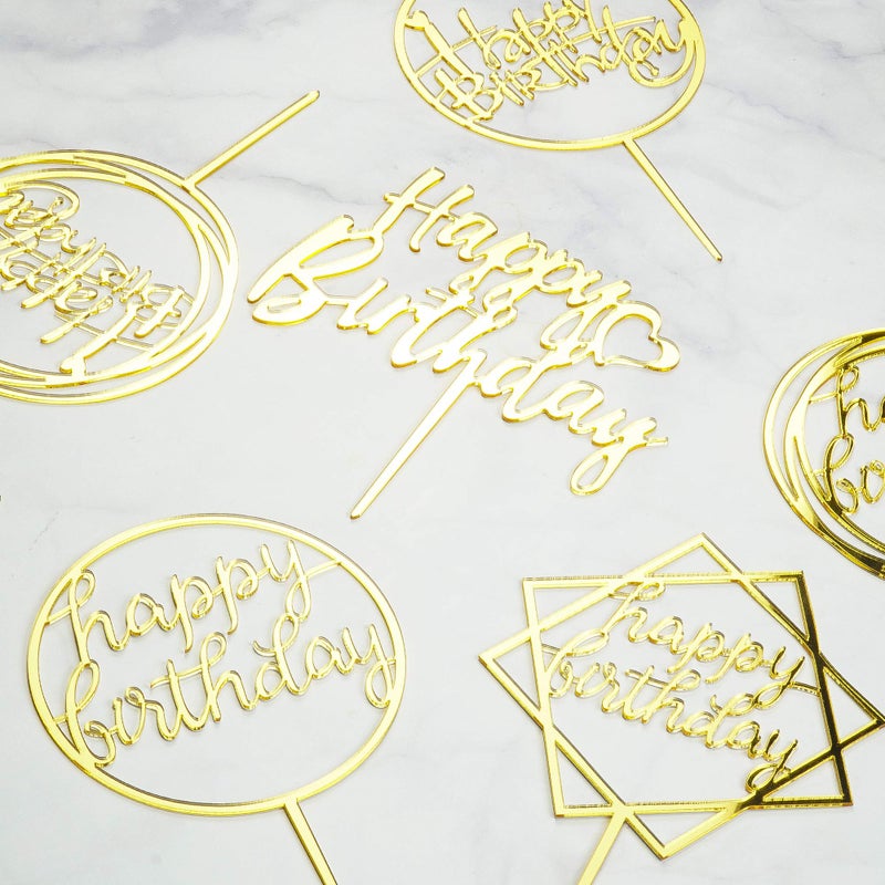 LetsCake 6-Pack Gold Cake Topper Set, Double-Sided Glitter, Acrylic Happy Birthday Cupcake Toppers, Birthday Decorations for Children or Adults. - Image 2